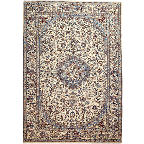 Yazd Persian Rug 11'10" x 8'3" - Semi Antique Medallion Crimson, Navy Blue Hand Knotted | front view | SKU 111927