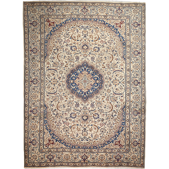 Nain Persian Rug 13x9 ft - Semi Antique Medallion (Toranj), Shah Abbasi Cream, Navy Blue, Persian Blue Hand Knotted | front view | SKU 111929