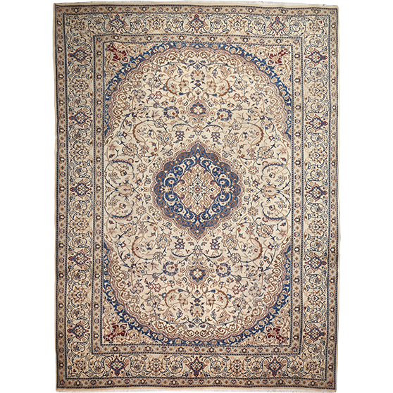 Nain Persian Rug 13'5" x 9'10" - Semi Antique Medallion Cream, Beige Hand Knotted | front view | SKU 111929