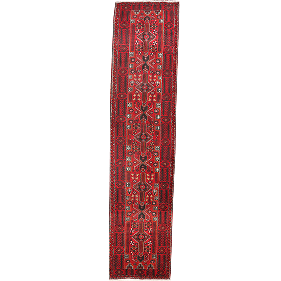 Baluch Persian Rug 13x3 ft - Semi Antique Geometric, Tribal and Nomadic Madder Red, Navy Blue, Dark Red Hand Knotted | front view | SKU 111930