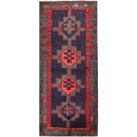 Ardabil Persian Rug 10x4 ft - Semi Antique Medallion Turquoise, White Hand Knotted | front view | SKU 111932