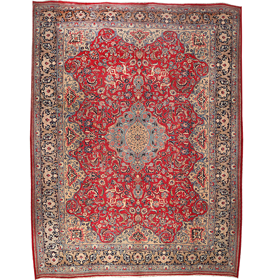 Kashmar Persian Rug 12'10" x 9'11" - Antique Afshan Crimson, Ivory Hand Knotted | front view | SKU 111933