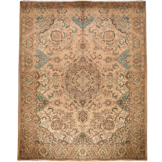 Tabriz Persian Rug 12'12" x 10'0" - Semi Antique Medallion Red, Cream Hand Knotted | front view | SKU 111934
