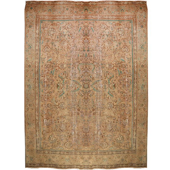 Tabriz Persian Rug 13x9 ft - Semi Antique Afshan All-Over, Shah Abbasi Camel, Cream, Sage Green Hand Knotted | front view | SKU 111935