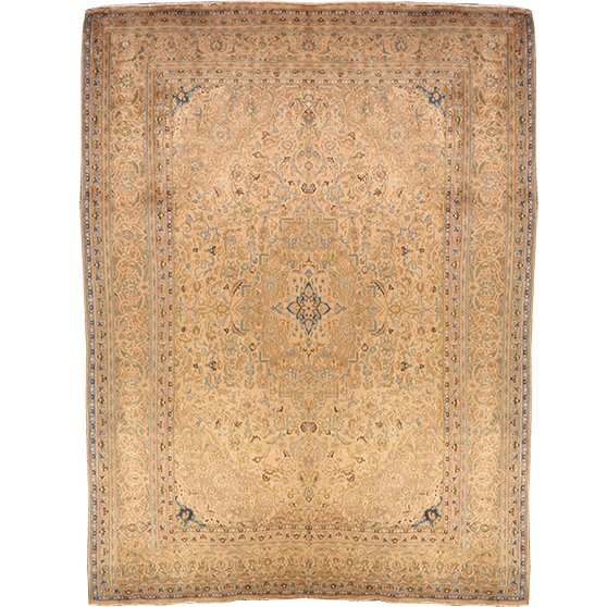 Sabzevar Persian Rug 13x9 ft - Semi Antique Medallion Crimson, Beige Hand Knotted | front view | SKU 111936