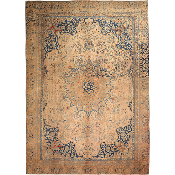 Sabzevar Persian Rug 12'0" x 8'6" - Semi Antique Medallion Crimson, Beige Hand Knotted | front view | SKU 111938