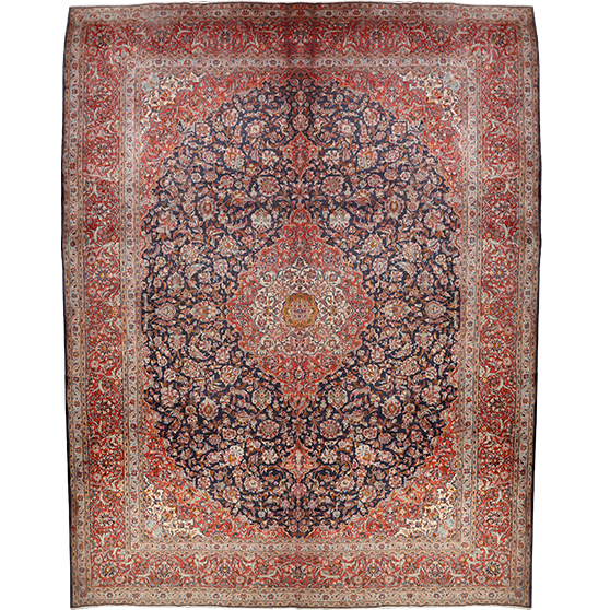 Kashan Persian Rug 13x9 ft - Semi Antique Shah Abbasi, Medallion (Toranj) Madder Red, Navy Blue, Cream Hand Knotted | front view | SKU 111943
