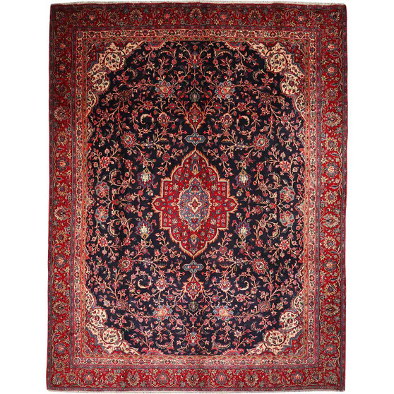 Hamadan Persian Rug 12'8" x 9'5" - Semi Antique Afshan Red, Blue Hand Knotted | front view | SKU 111946