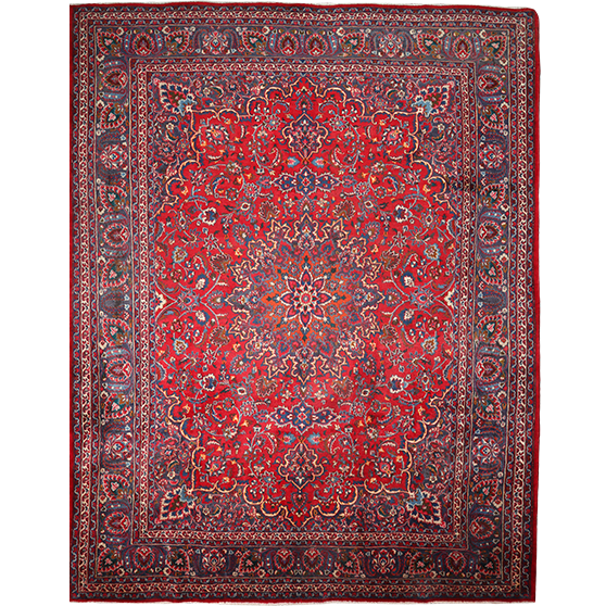 Mashhad Persian Rug 12x9 ft - Semi Antique Shah Abbasi, Medallion (Toranj) Crimson, Navy Blue, Ivory Hand Knotted | front view | SKU 111947