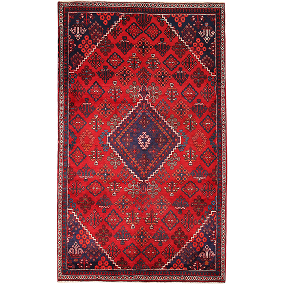 Josheghan Persian Rug 8'7" x 5'2" - Semi Antique Geometric Crimson, Navy Blue Hand Knotted | front view | SKU 111948