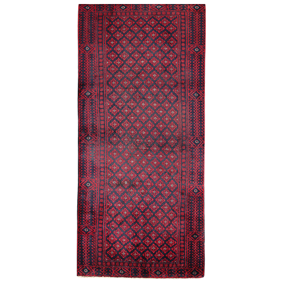Baluch Persian Rug 8'8" x 3'9" - Semi Antique Mihrab Red, Blue Hand Knotted | front view | SKU 111949