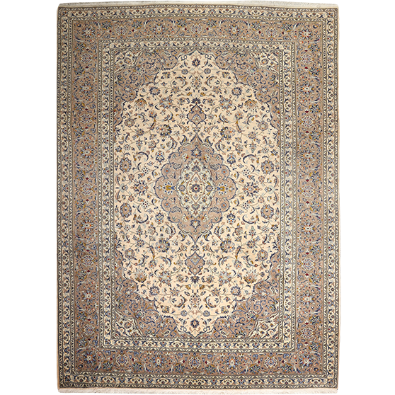 Ardekan Persian Rug 11x8 ft - Semi Antique Medallion Toranj Shah Abbasi Cream Camel Navy Blue Hand Knotted | front view | SKU 111950