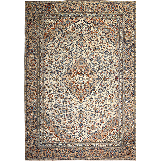 Kashan Persian Rug 12x8 ft - Semi Antique Shah Abbasi, Medallion (Toranj) Cream, Camel, Brown Hand Knotted | front view | SKU 111951