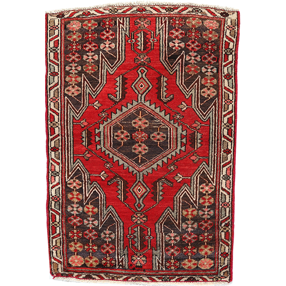 Mazlaghan Persian Rug 3x2 ft - Semi Antique Medallion Navy Blue, Crimson Hand Knotted | front view | SKU 112003