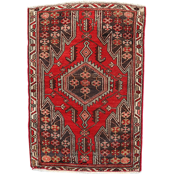 Mazlaghan Persian Rug 3'10" x 2'7" - Semi Antique Medallion Navy Blue, Crimson Hand Knotted | front view | SKU 112003