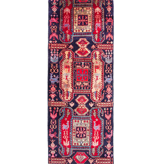 Ardabil Persian Rug 7x3 ft - Semi Antique Medallion Toranj Geometric Navy Blue Madder Red Cream Hand Knotted | front view | SKU 110020
