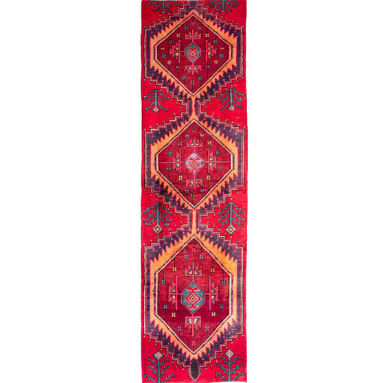Sarab Persian Rug 8x2 ft - Semi Antique Medallion (Toranj), Geometric Red, Burgundy, Navy Blue Hand Knotted | front view | SKU 110043