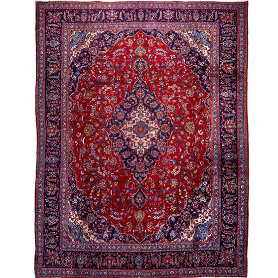 Kashan Persian Rug 13x9 ft - Semi Antique Medallion (Toranj), Shah Abbasi Crimson, Navy Blue, Cream Hand Knotted | front view | SKU 110102