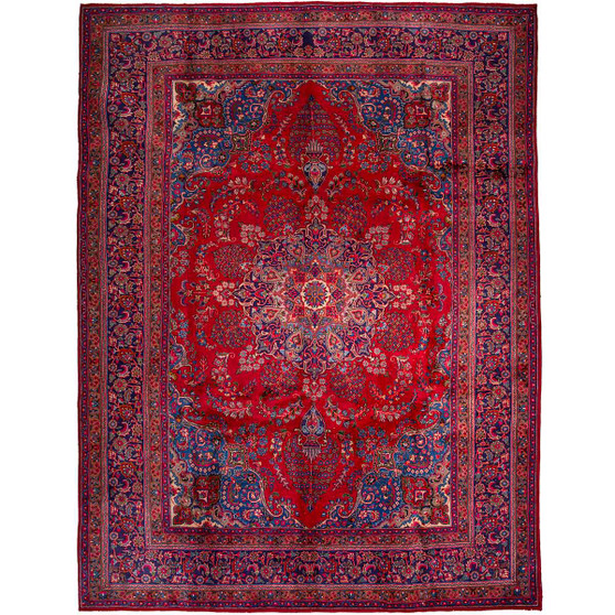 Sabzevar Persian Rug 12'8" x 9'8" - Semi Antique Medallion Crimson, Beige Hand Knotted | front view | SKU 111026