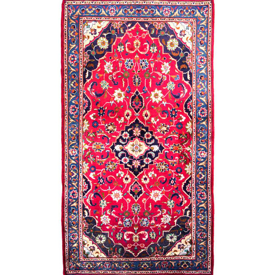 Kashmar Persian Rug 6x3 ft - Semi Antique Shah Abbasi, Medallion (Toranj) Crimson, Persian Blue, Ivory Hand Knotted | front view | SKU 111029