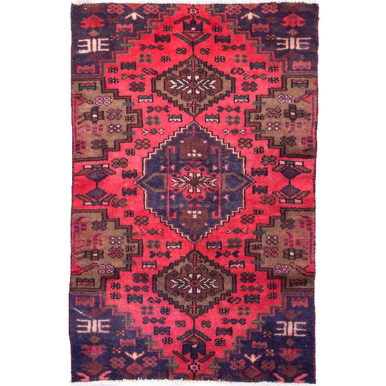 Zanjan Persian Rug 3x2 ft - Semi Antique Medallion Toranj, Geometric Crimson, Navy Blue, Brown Hand Knotted | front view | SKU 111031