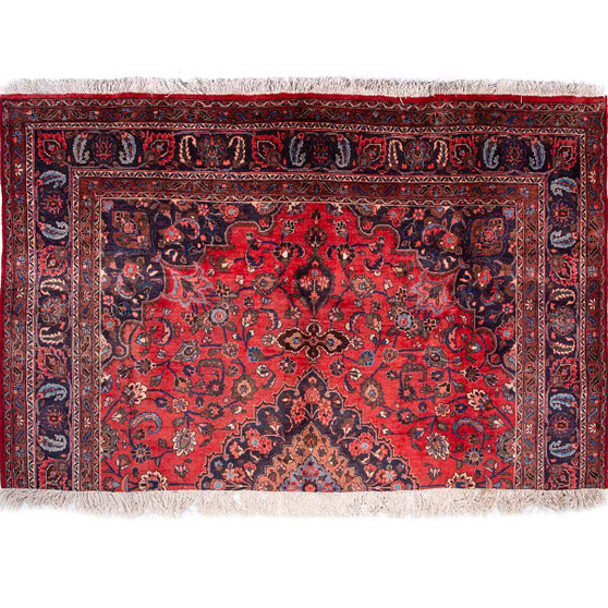 Mashad Persian Rug 10x6 ft - Semi Antique Medallion Crimson, Ultramarine Hand Knotted | front view | SKU 111211
