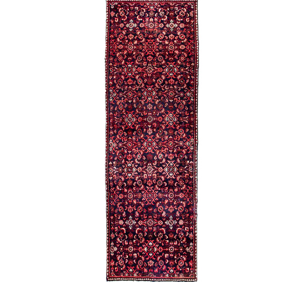 Hamadan Persian Rug 8'10" x 2'9" - Semi Antique Afshan Red, Blue Hand Knotted | front view | SKU 111212