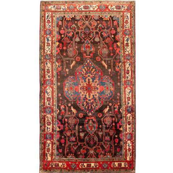 Nahavand Persian Rug 11x5 ft - Antique Medallion Navy Blue, Red Hand Knotted | front view | SKU 110003
