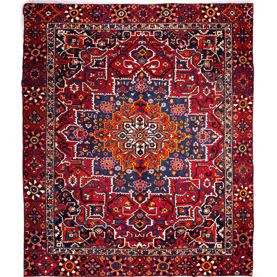 Bakhtiari Persian Rug 11x9 ft - Semi Antique Medallion (Toranj), Geometric Madder Red, Navy Blue, Crimson Hand Knotted | front view | SKU 111340