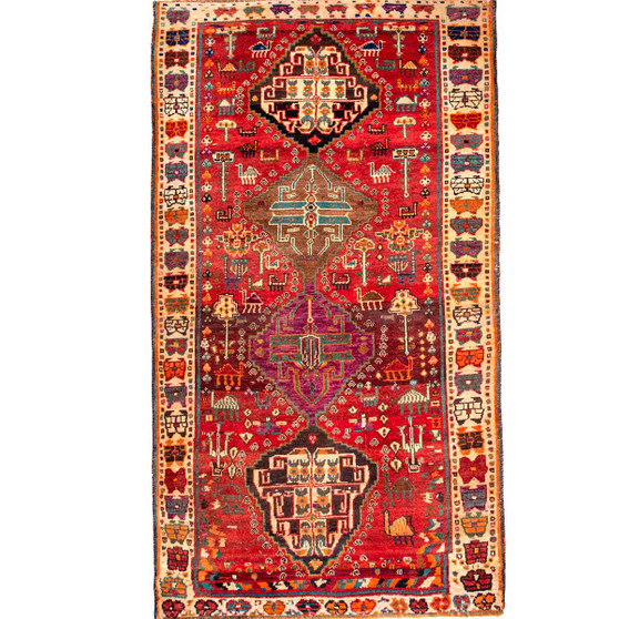 Shiraz Persian Rug 6x3 ft - Semi Antique Geometric Blue, Red Hand Knotted | front view | SKU 111404