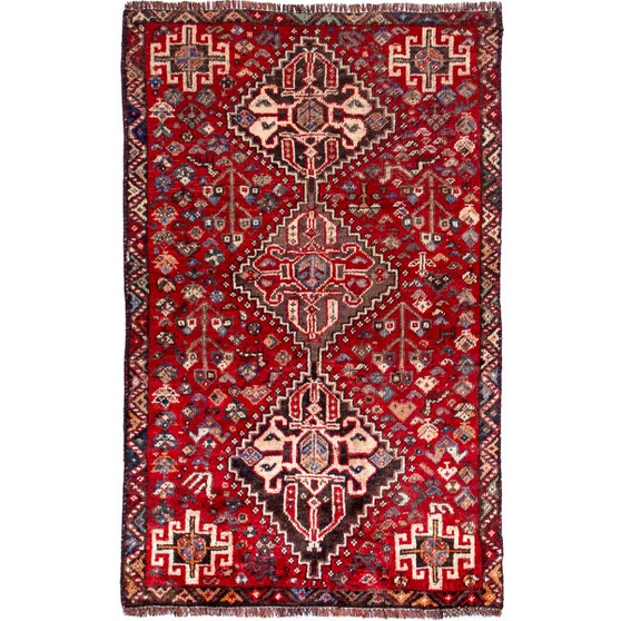 Shiraz Persian Rug 4'7" x 2'11" - Semi Antique Geometric Blue, Red Hand Knotted | front view | SKU 111413