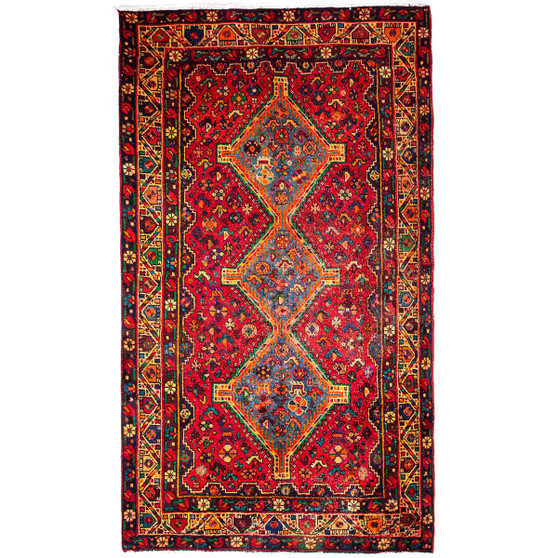 Shiraz Persian Rug 8'10" x 5'1" - Semi Antique Geometric Blue, Red Hand Knotted | front view | SKU 111414
