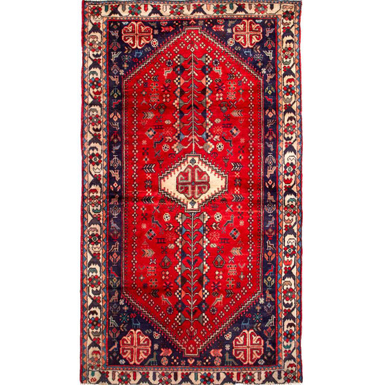 Abadeh Persian Rug 6'3" x 3'3" - Semi Antique Geometric Red, Ivory Hand Knotted | front view | SKU 111418