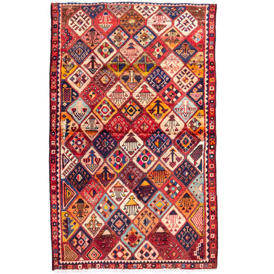 Shiraz Persian Rug 6'11" x 4'2" - Semi Antique Geometric Blue, Red Hand Knotted | front view | SKU 111419