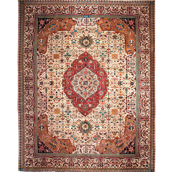 Tabriz Persian Rug 12'12" x 10'4" - Semi Antique Medallion Red, Cream Hand Knotted | front view | SKU 111576