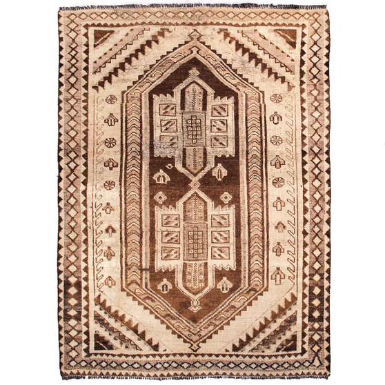 Shiraz Persian Rug 6x4 ft - Semi Antique Mihrab Prayer, Geometric Cream, Brown, Camel Hand Knotted | front view | SKU 111425