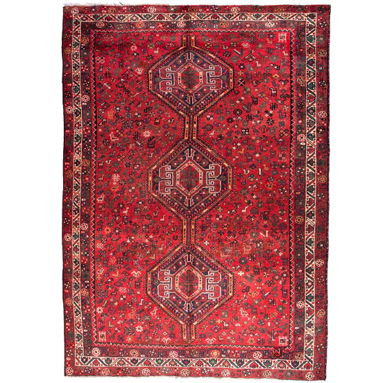 Shiraz Persian Rug 9'10" x 6'9" - Semi Antique Geometric Blue, Red Hand Knotted | front view | SKU 111430