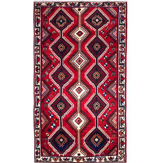 Lori Persian Rug 9'8" x 5'6" - Semi Antique Geometric Red, Brown Hand Knotted | front view | SKU 111434