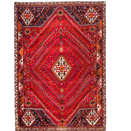 Shiraz Persian Rug 9x6 ft - Semi Antique Medallion Geometric Madder Red, Burgundy, Navy Blue Hand Knotted | front view | SKU 111438