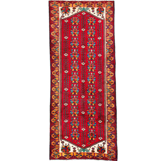 Qashqai Persian Rug 10'2" x 3'9" - Semi Antique Mihrab Prayer, Boteh Paisley Crimson, Rust Red, Burnt Orange Hand Knotted | front view | SKU 110005