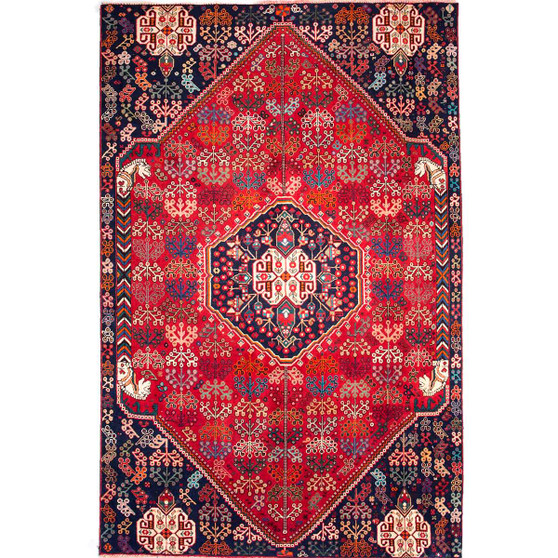Shiraz Persian Rug 8'6" x 5'7" - Semi Antique Geometric Blue, Red Hand Knotted | front view | SKU 111439