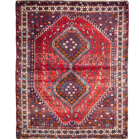 Shiraz Persian Rug 5'11" x 4'9" - Semi Antique Geometric Blue, Red Hand Knotted | front view | SKU 111441