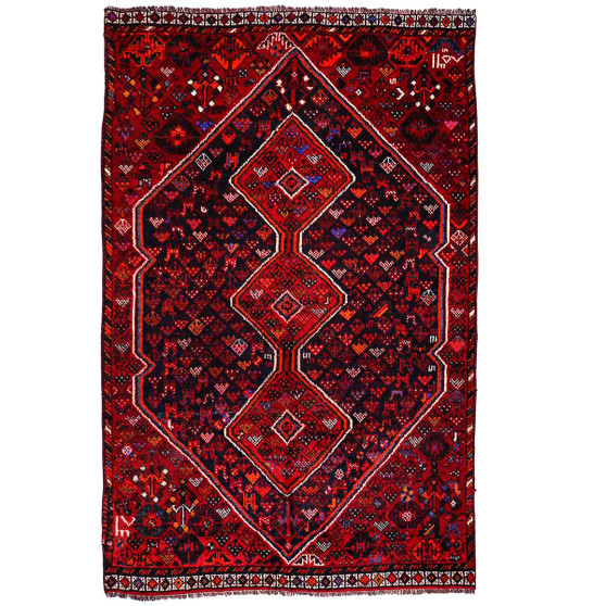 Shiraz Persian Rug 6'9" x 4'6" - Semi Antique Geometric Blue, Red Hand Knotted | front view | SKU 111443
