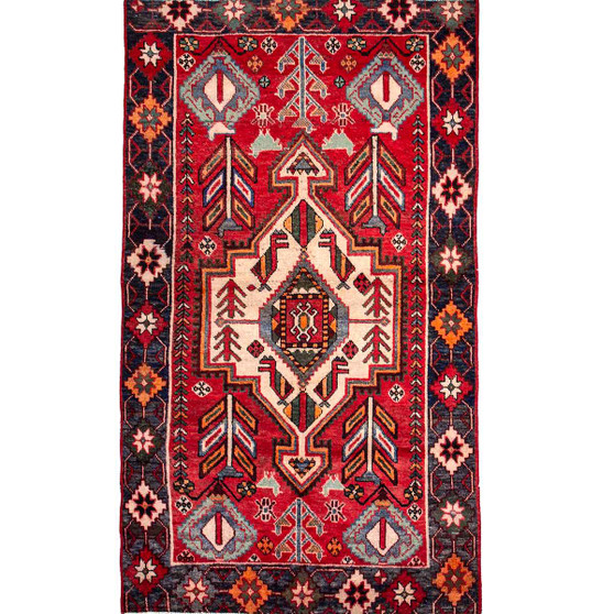 Shiraz Persian Rug 7x4 ft - Semi Antique Geometric Blue, Red Hand Knotted | front view | SKU 111445