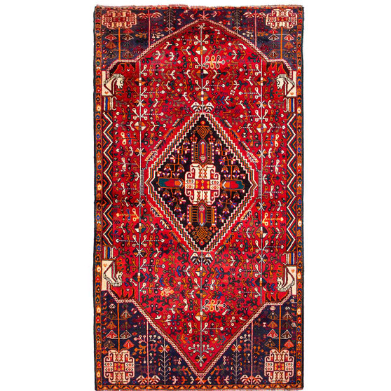 Shiraz Persian Rug 7'10" x 4'3" - Semi Antique Geometric Blue, Red Hand Knotted | front view | SKU 111450