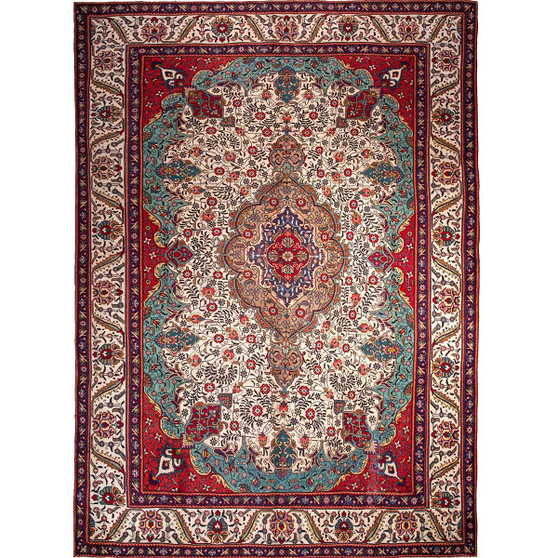 Tabriz Persian Rug 13'7" x 9'4" - Semi Antique Medallion Red, Cream Hand Knotted | front view | SKU 111451