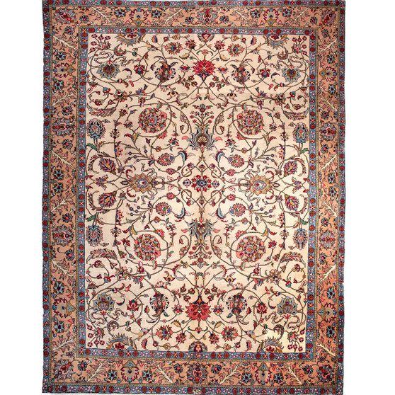 Tabriz Persian Rug 13'7" x 6'10" - Semi Antique Medallion Red, Cream Hand Knotted | front view | SKU 111452