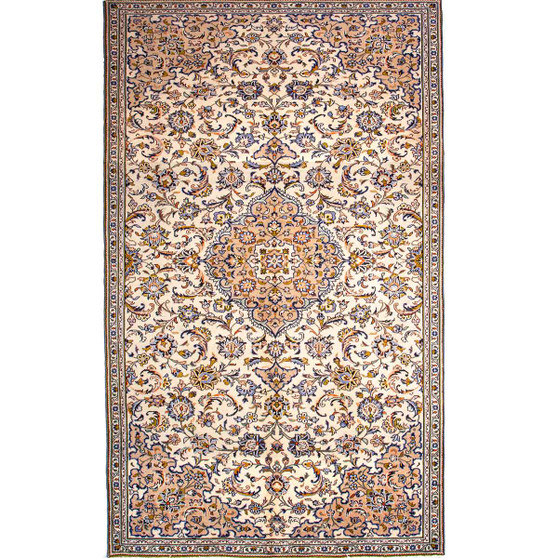 Kashan Persian Rug 9x5 ft - Semi Antique Medallion Crimson, Navy Blue Hand Knotted | front view | SKU 111454