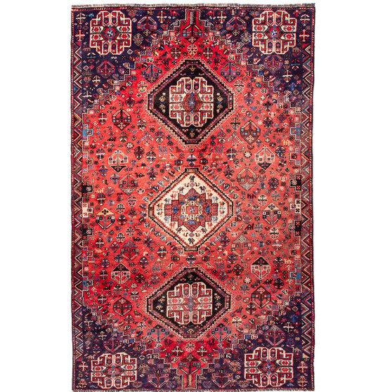 Shiraz Persian Rug 9'2" x 5'7" - Semi Antique Geometric Blue, Red Hand Knotted | front view | SKU 111467