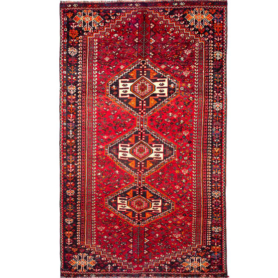 Shiraz Persian Rug 9'5" x 5'5" - Semi Antique Geometric Blue, Red Hand Knotted | front view | SKU 111473